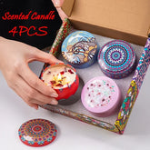 Decorative scented candles with colorful mandala and floral designs in a gift box featuring Arabian pattern fragrance jars